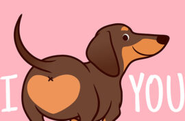 Cute smiling dachshund puppy dog vector cartoon illustration isolated on pink background